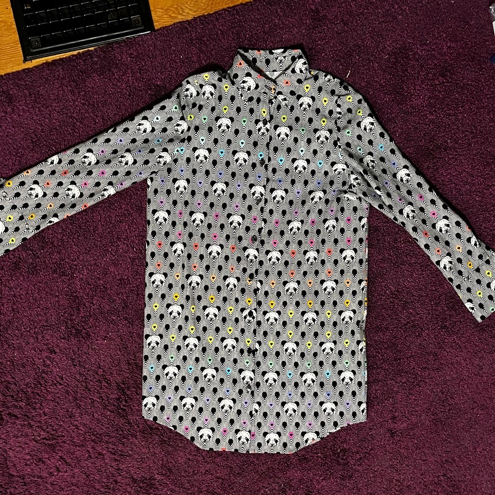 One of a Kind Handmade Panda Print Psychedelic Tab Collar French Cuff Button Up